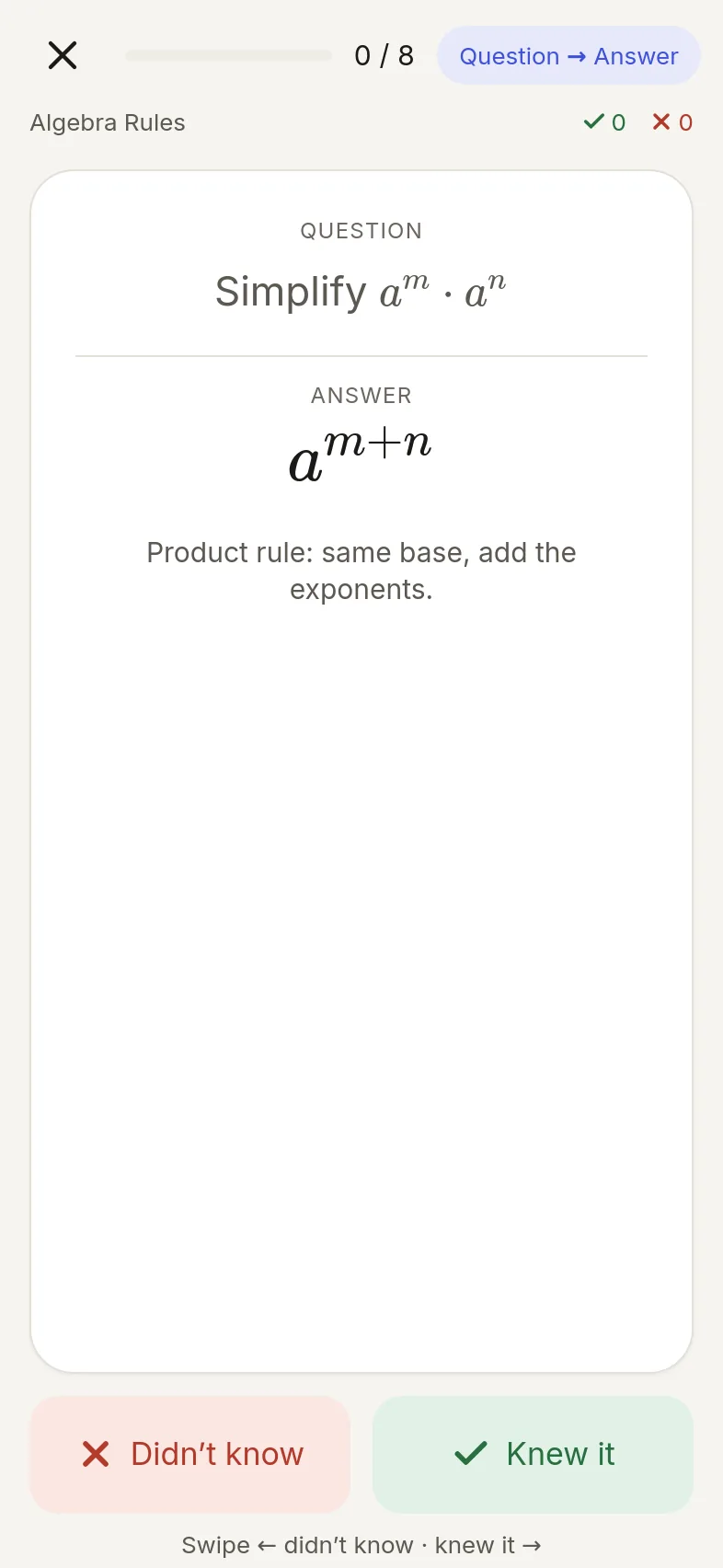 An algebra card with the rule a to the m times a to the n typeset as math
