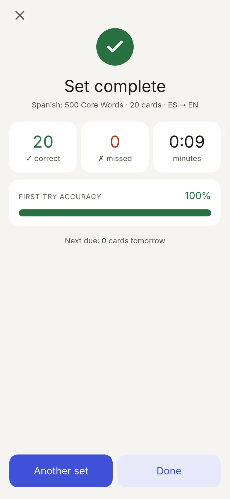 Session summary: 20 correct, 0 missed, 100% first-try accuracy